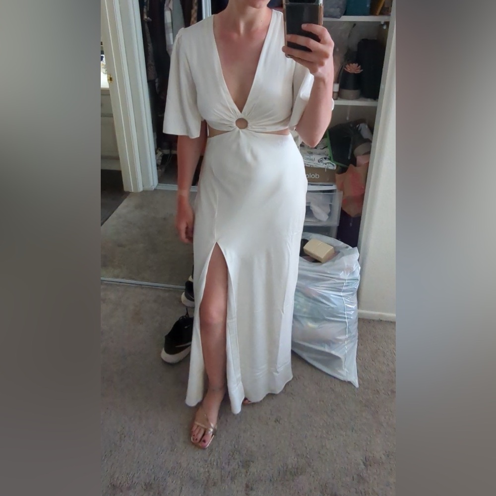 Abercrombie & Fitch Cream Gown with Flutter Sleeves and Plunge Neckline